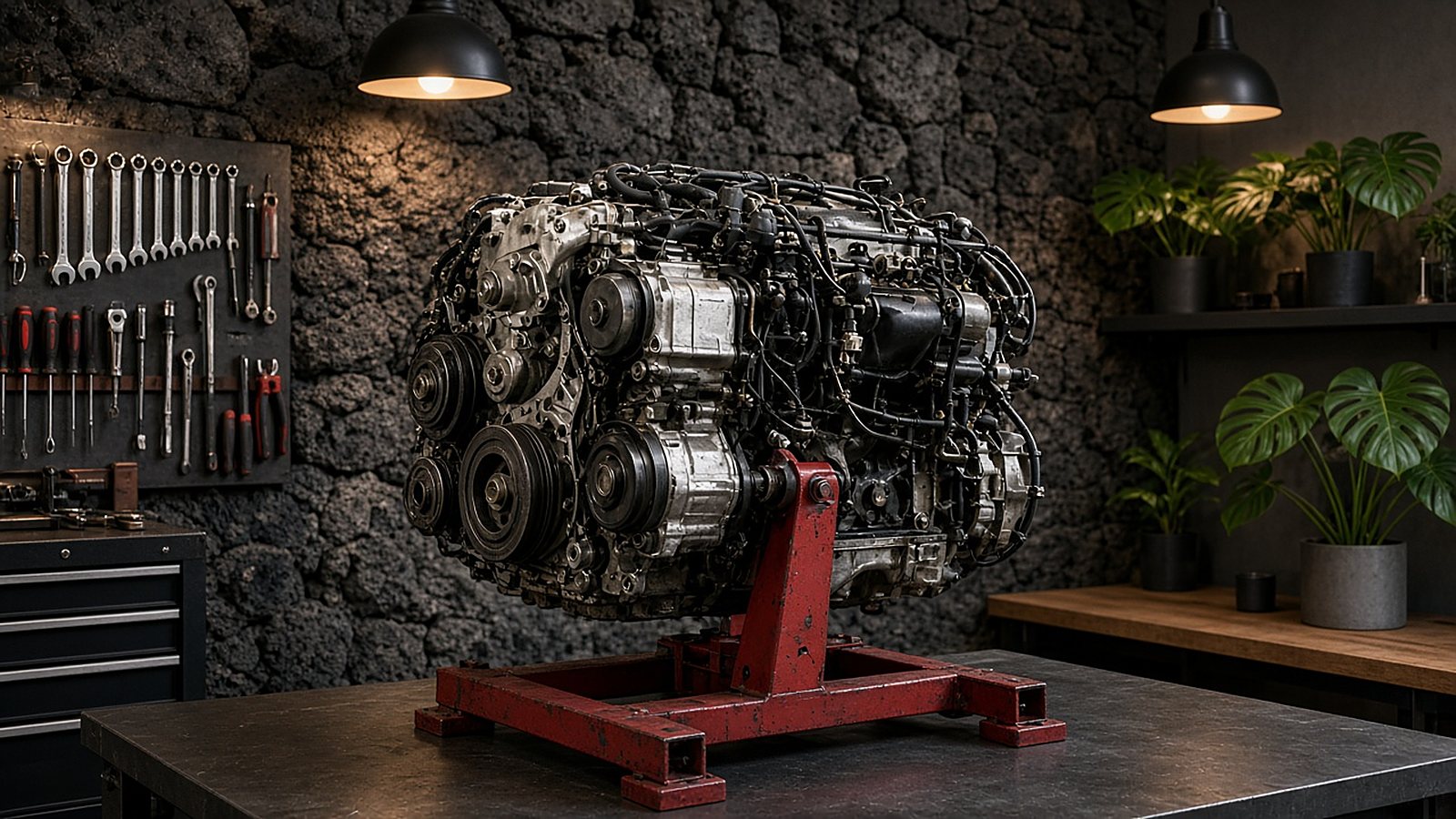 Used BMW engine on a stand being checked